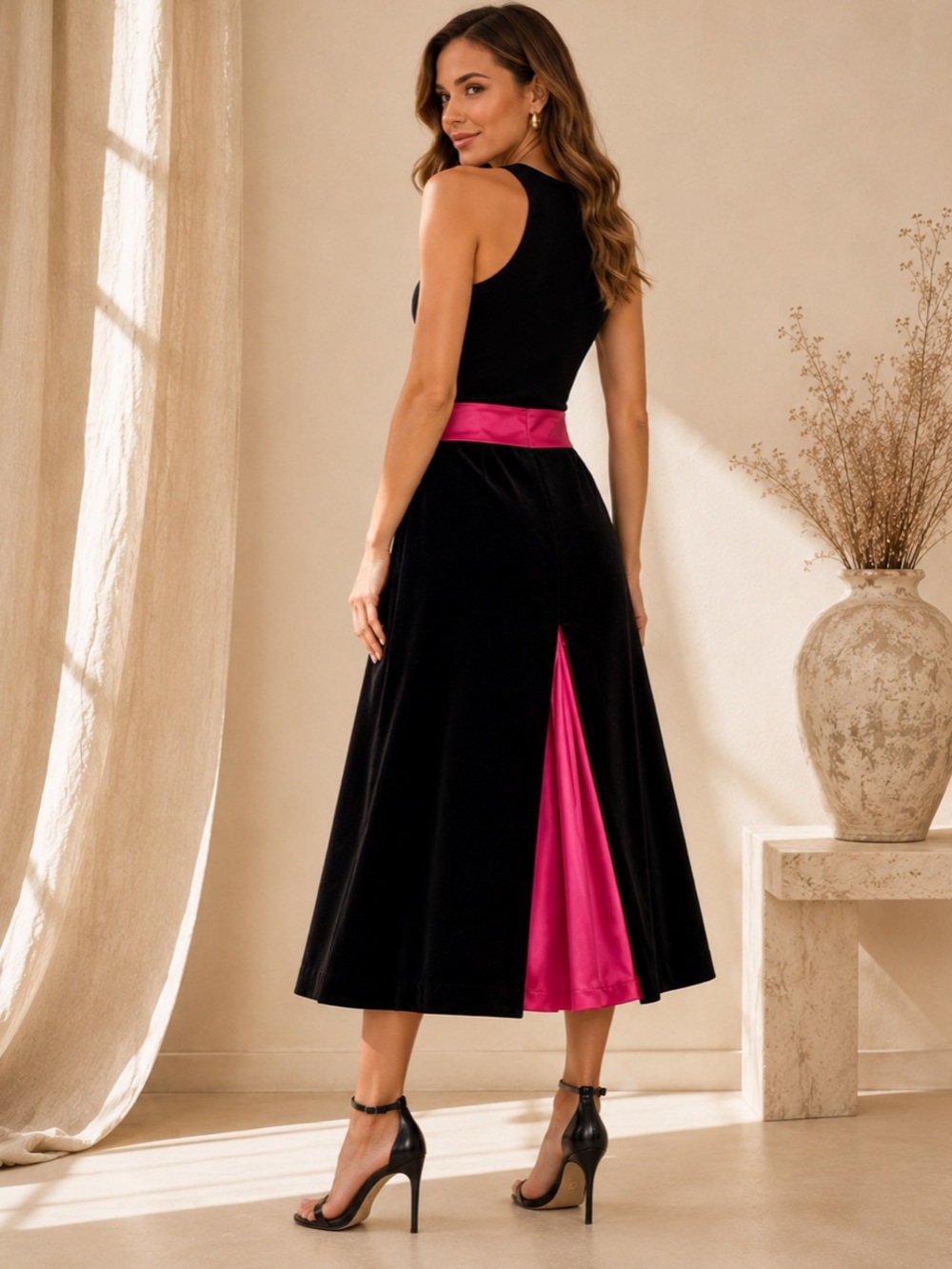 Vintage Black Velvet Midi Skirt Pink Satin Panel A-Line Whimsigoth Romantic 10